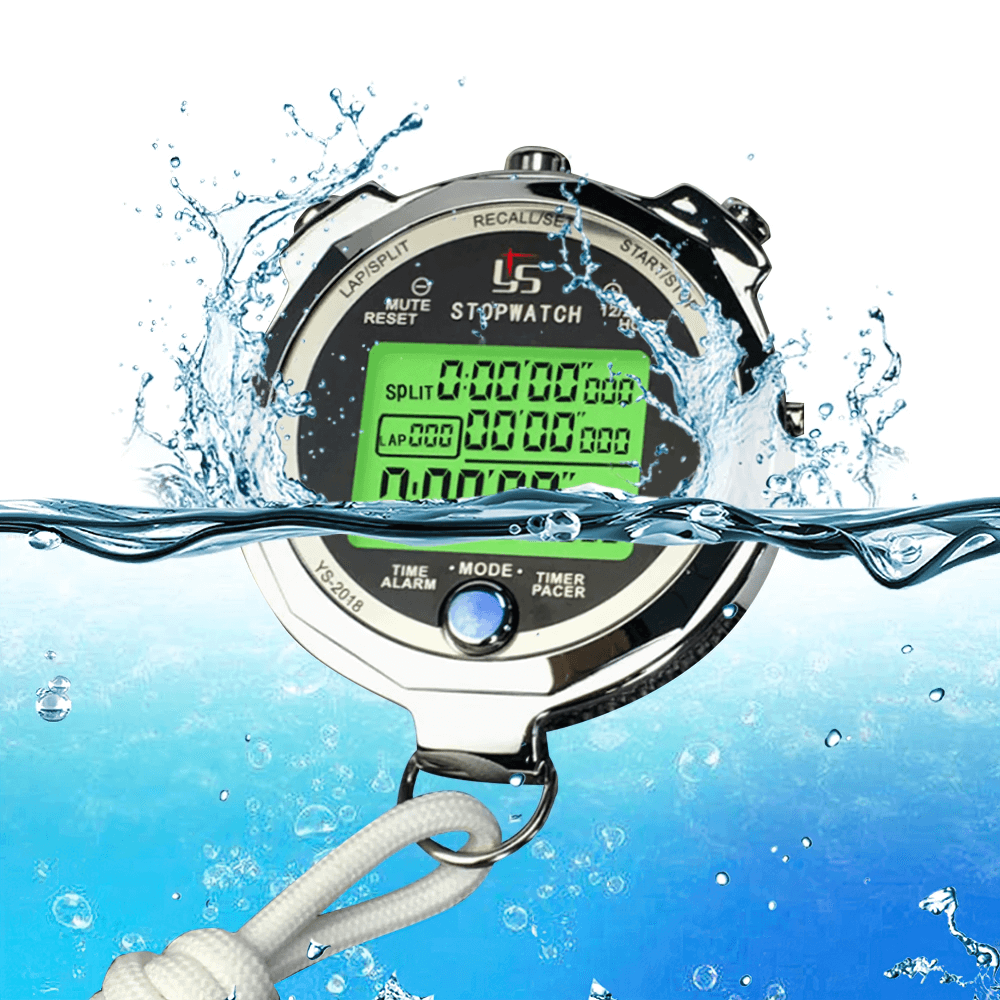 Water-resistant digital stopwatch SF3082 with luminous display, perfect for sports and training, showing precision timing underwater.