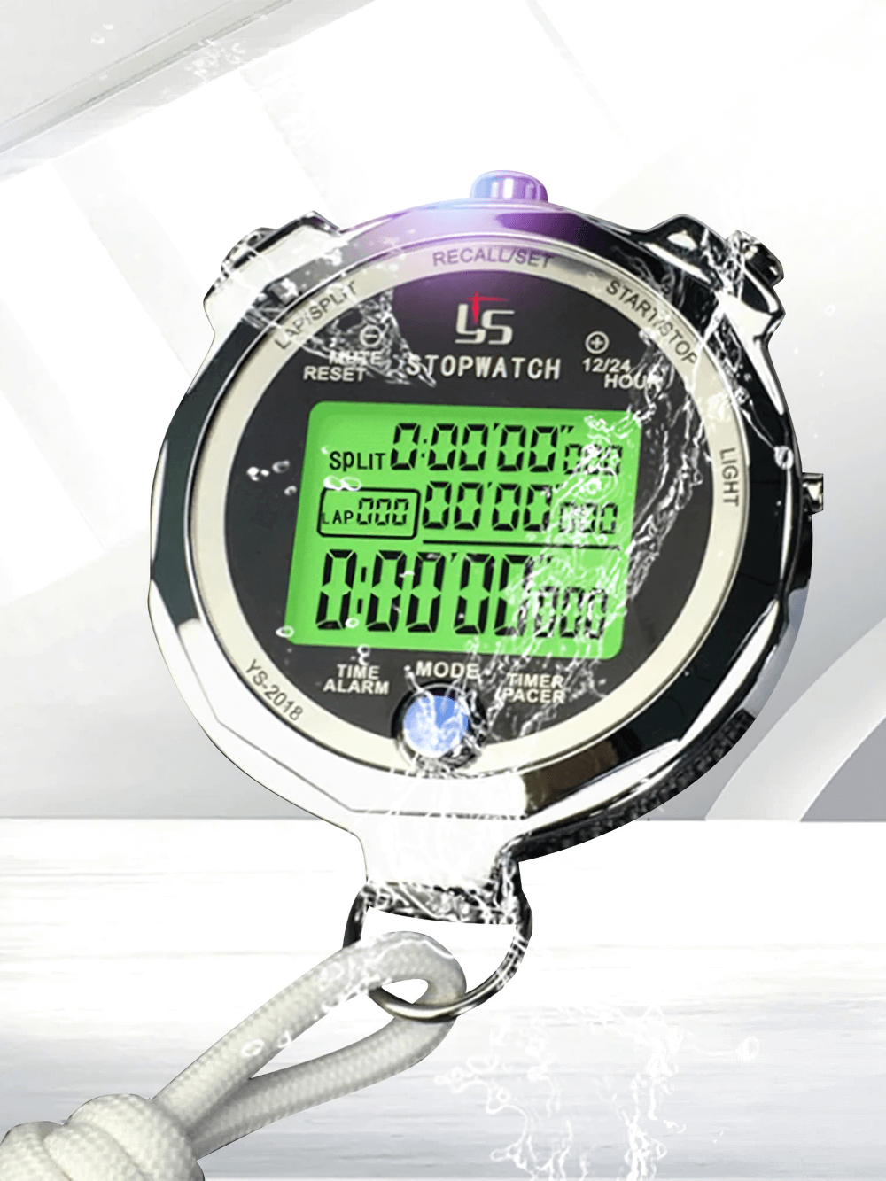 Digital stopwatch with luminous display, showing precision timing. Ideal for sports with 0.001s accuracy and 100/200 lap memory.