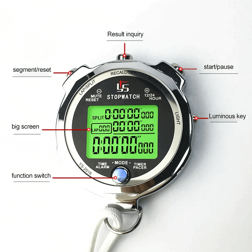 Professional digital stopwatch SF3082 with luminous display, showing buttons for start/pause, result inquiry, and reset functions.