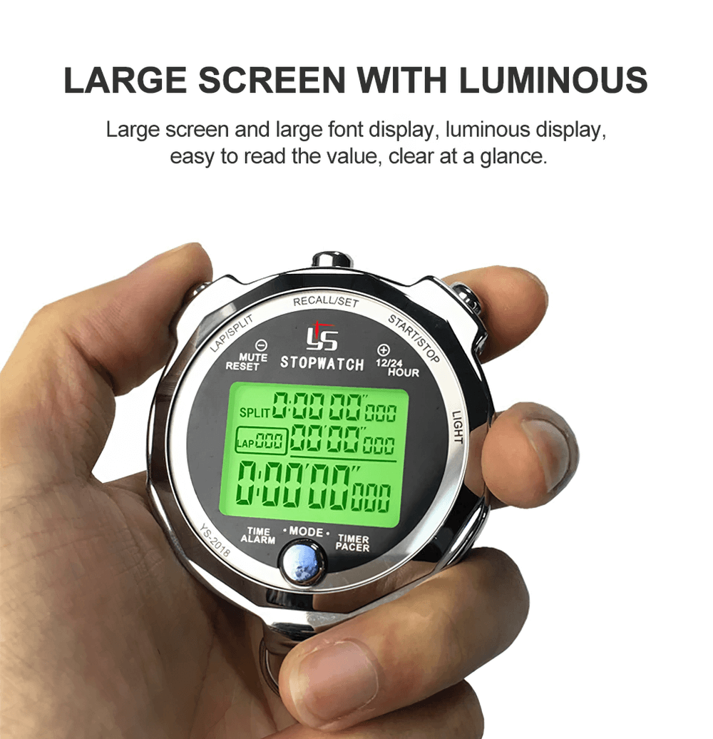Hand holding a SF3082 digital stopwatch with a luminous display, showcasing a large screen for precision sports timing.