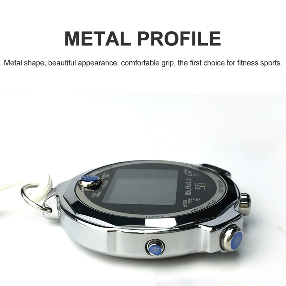 Precision digital timer for sports with metal design and luminous display, featuring comfortable grip and sleek appearance for fitness.