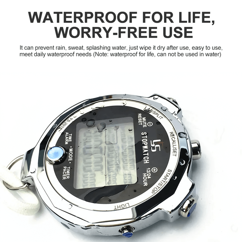 Precision SF3082 digital stopwatch with luminous display, showcasing waterproof design and sports training accuracy.