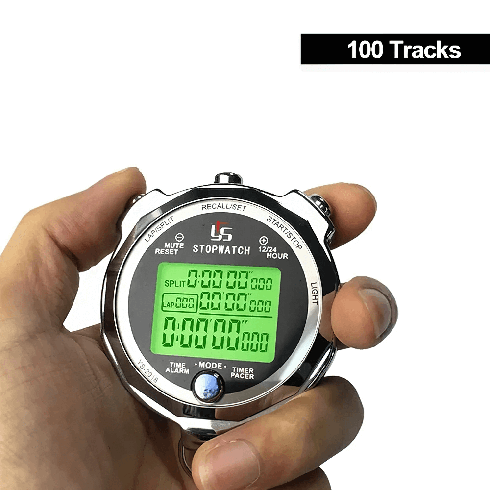 Hand holding Precision Digital Timer SF3082 with luminous display, showing 100 tracks. Ideal for sports and training timing.
