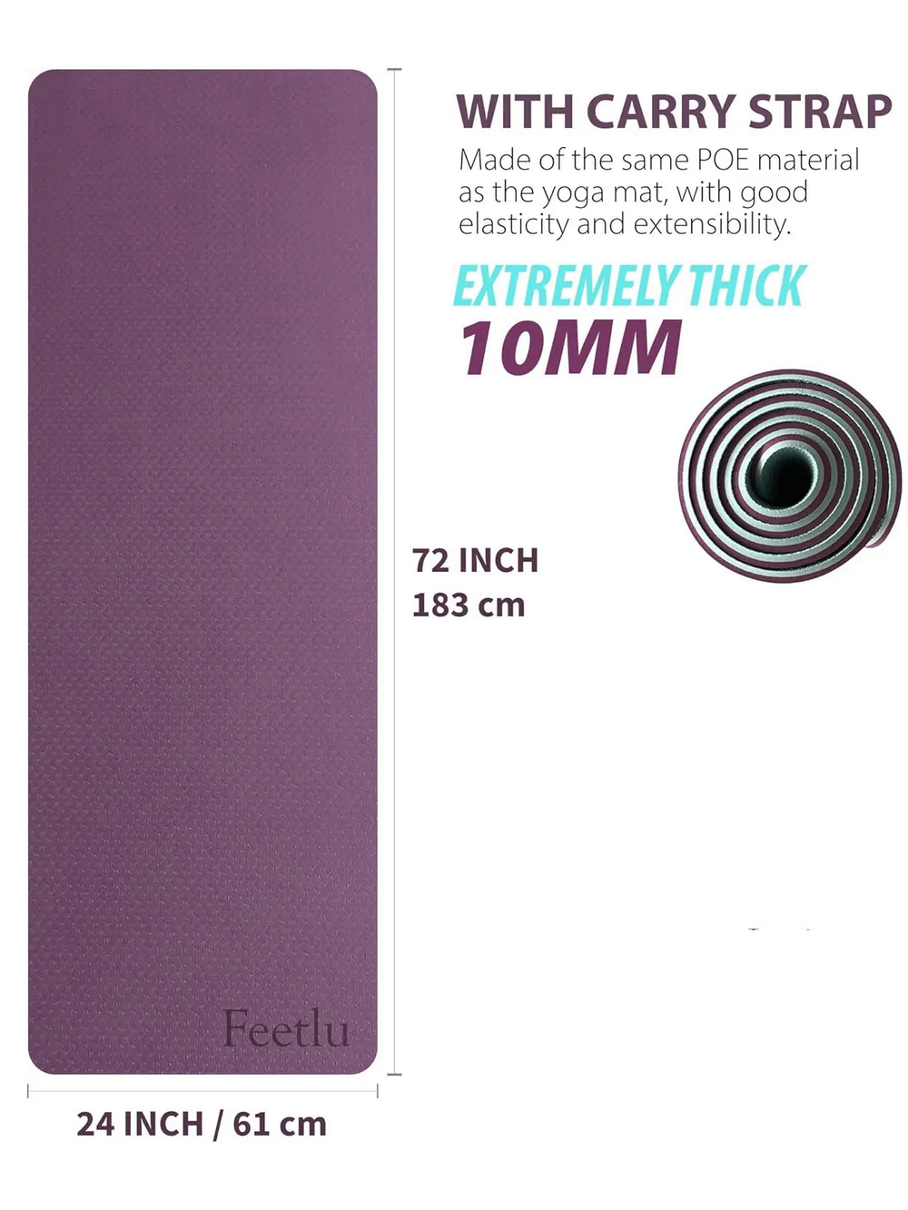 Purple yoga mat 10mm thick, 72x24 inches, with carry strap. Ideal for exercise with anti-slip and water-resistant features.