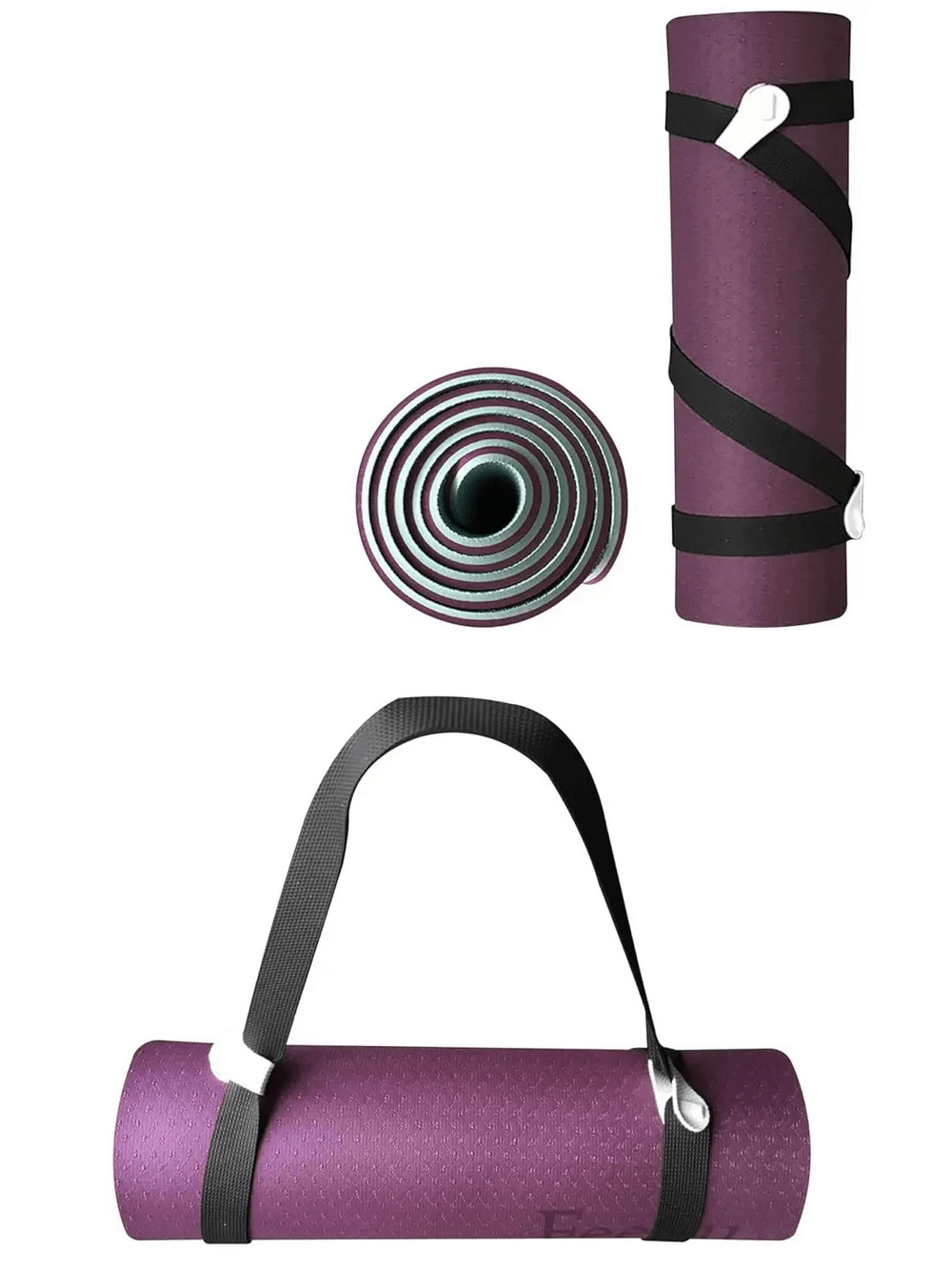 Plum colored yoga mat rolled with carrying straps, featuring thick non-slip design for home and gym exercises and workouts.