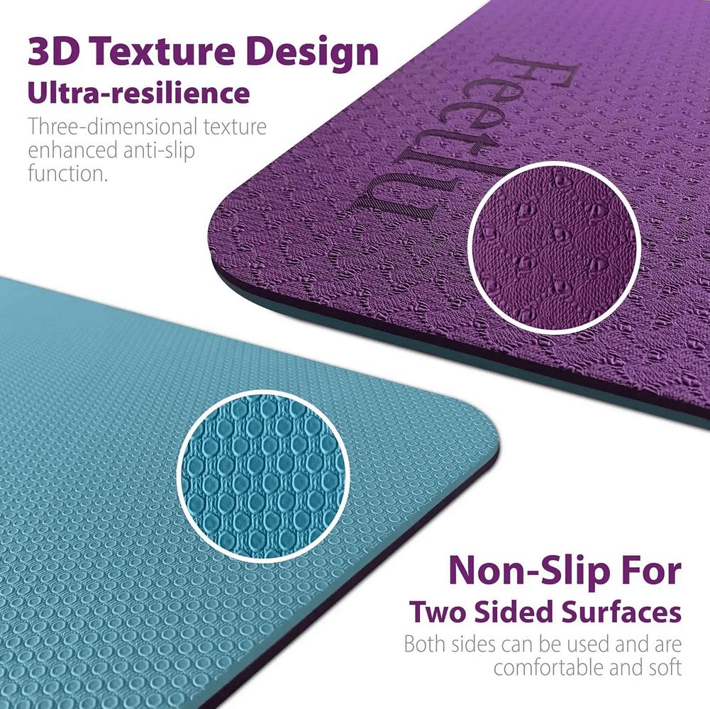 Purple and blue non-slip yoga mat with 3D texture design for enhanced grip and durability, ideal for home and gym workouts.