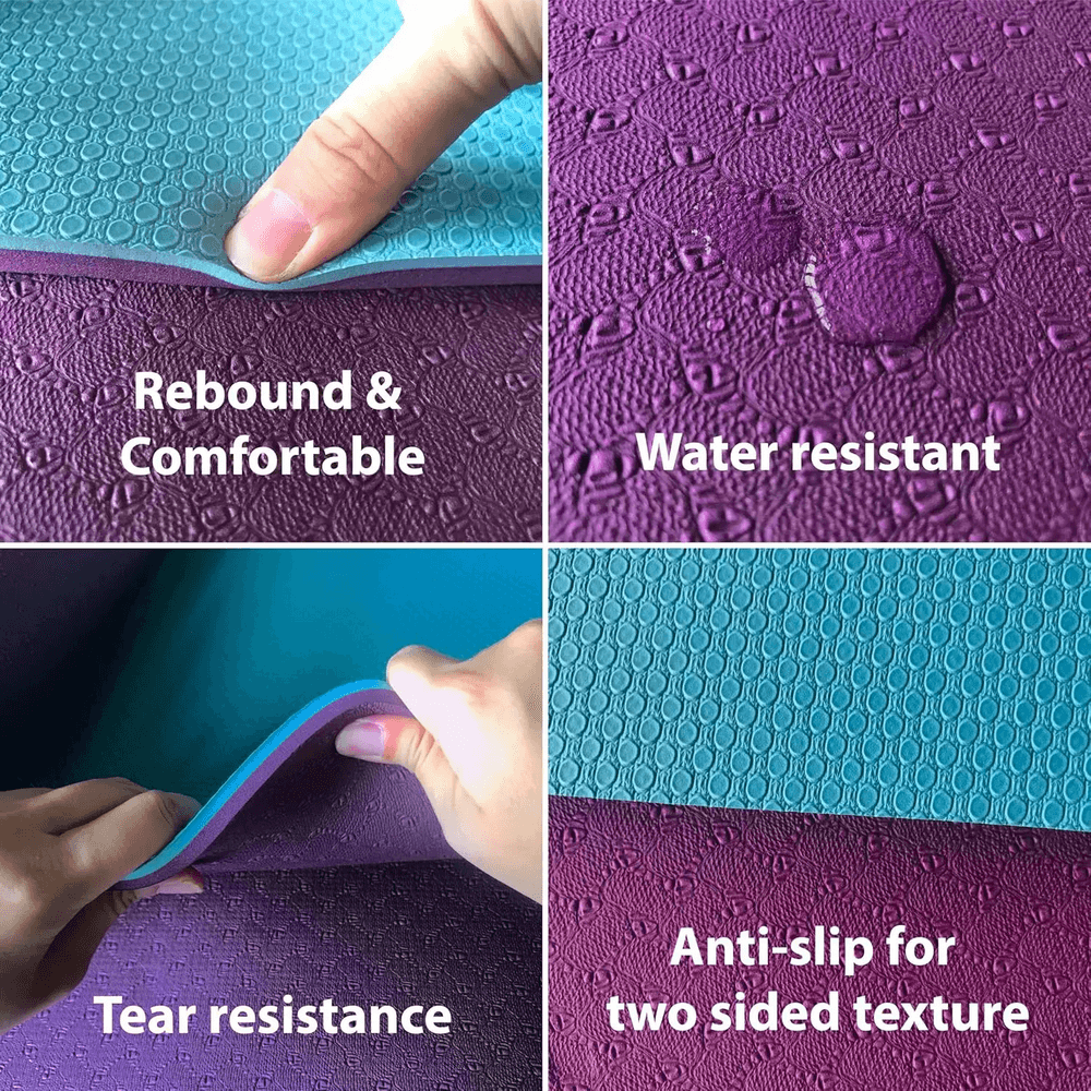 Close-up of premium non-slip yoga mat SF3038 features: anti-slip, tear-resistant, water-resistant, comfortable rebound cushioning.