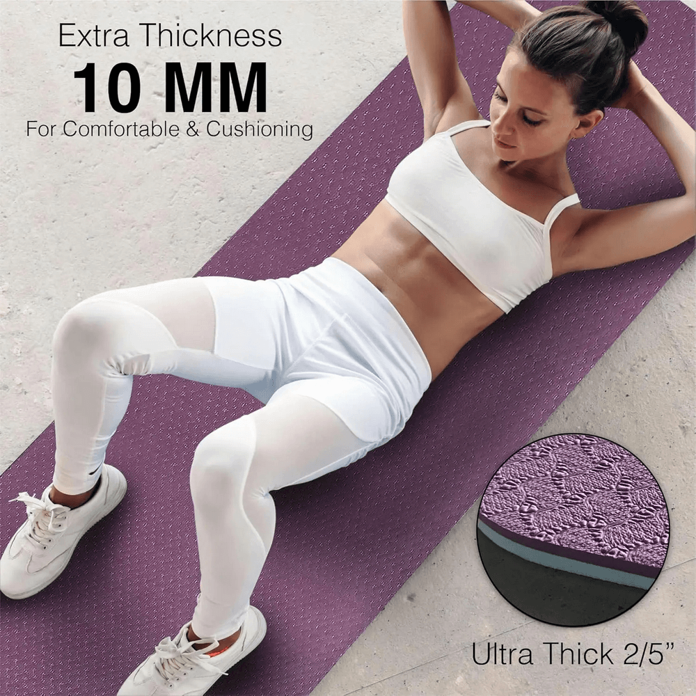 Woman exercising on a 10mm thick premium non-slip yoga mat, ideal for home and gym workouts, featuring ultra-thick cushioning.