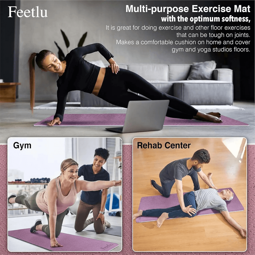 Person planking on a multi-purpose exercise mat in a cozy living room; two scenes show use in gym and rehab center settings.