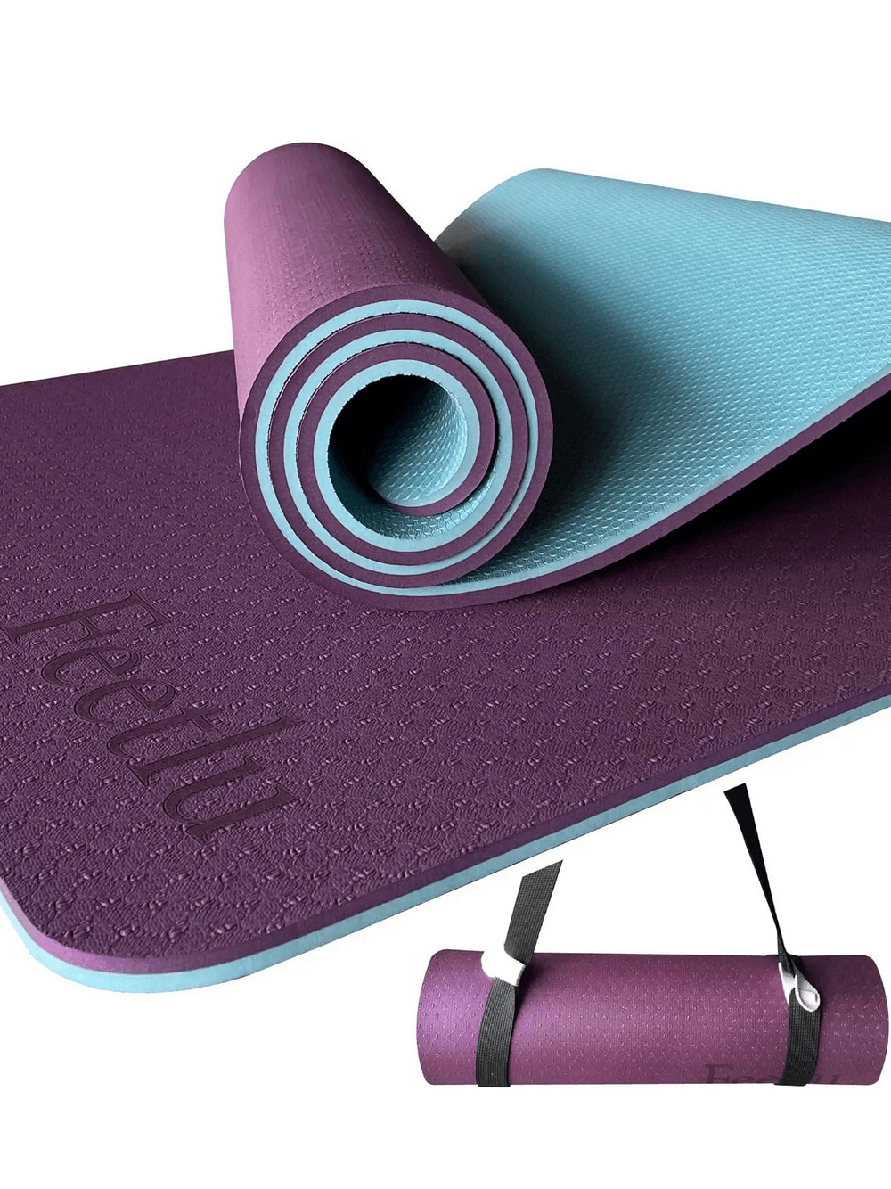 Purple and blue non-slip yoga mat with 10mm cushioning for exercise, includes strap for easy carrying. Ideal for home and gym workouts.