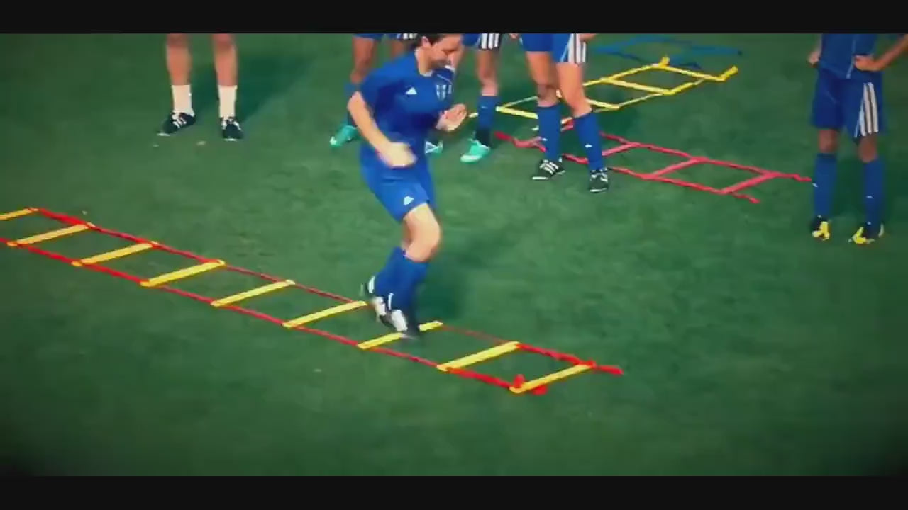 Group practicing agility drills on a colorful adjustable ladder outdoors, boosting speed and coordination for sports and fitness.