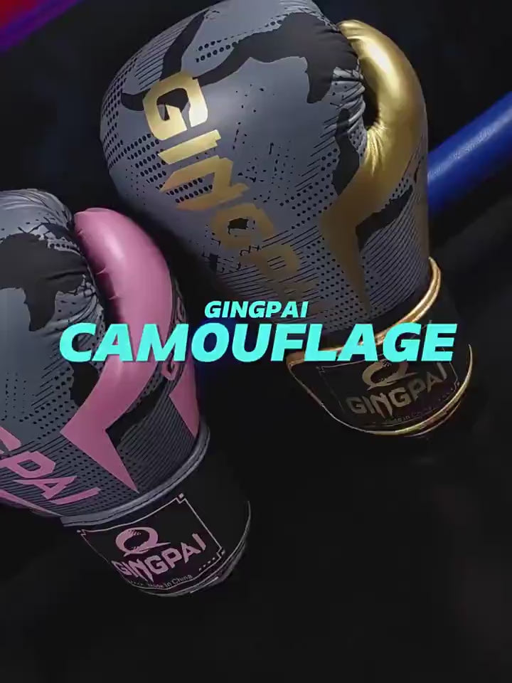 Colorful Gingpai camouflage boxing gloves with durable PU leather and secure hook and loop closure, ideal for training and sparring.