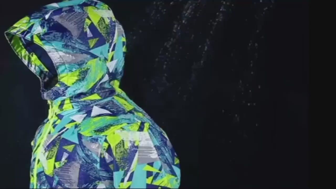 Colorful Kids Fleece Lining Zip Up Hooded Rain Jacket - SF3604 in geometric design, perfect for rainy and windy adventures.