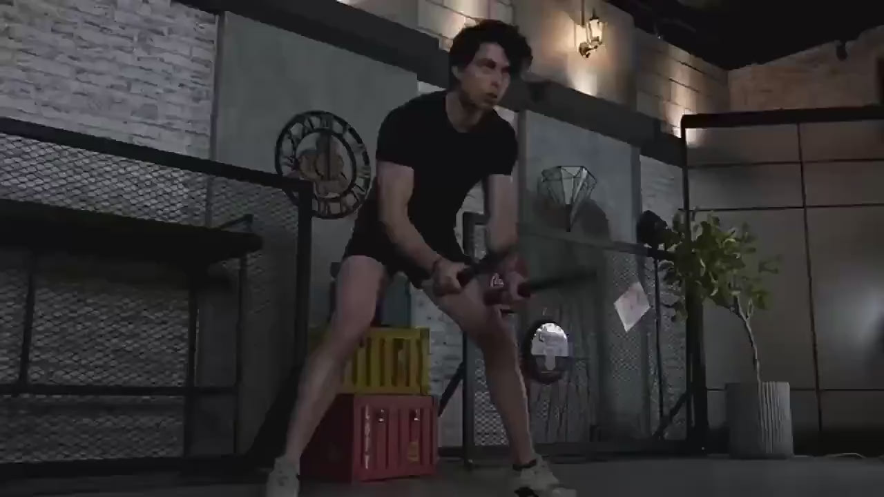 Person exercising with heavy duty power twister bar in a stylish gym setting, using adjustable resistance for muscle training.