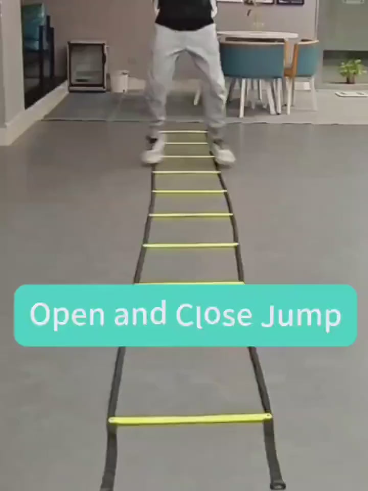 Athlete performing open and close jumps using an Adjustable Agility Ladder for speed and coordination training.