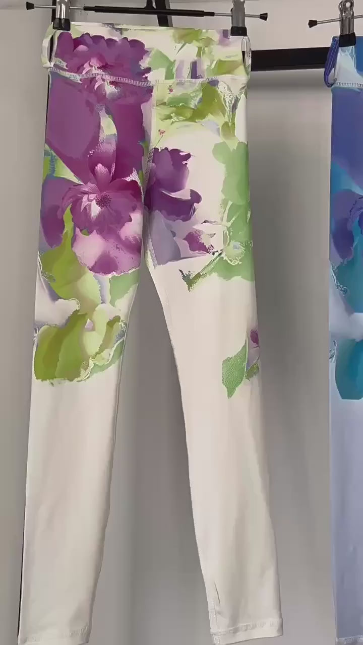 Floral Print Girls Yoga Leggings with High Waist - SF3819 in colorful floral design hanging on display.