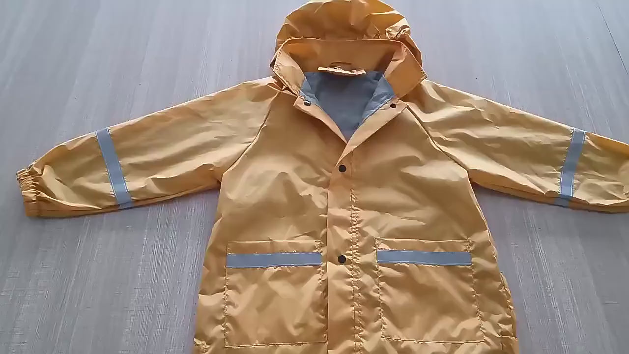 Kids yellow Waterproof Raincoat with Reflective Stripes - SF3615, featuring a hood and elastic cuffs for rainy day protection.