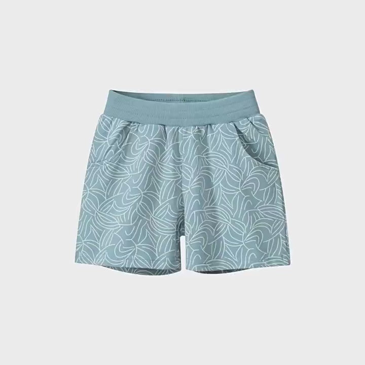 Leaf Print Shorts with Elastic Waist and Pockets - SF3790: Stylish girls' lightweight shorts with leaf pattern, ideal for summer play.