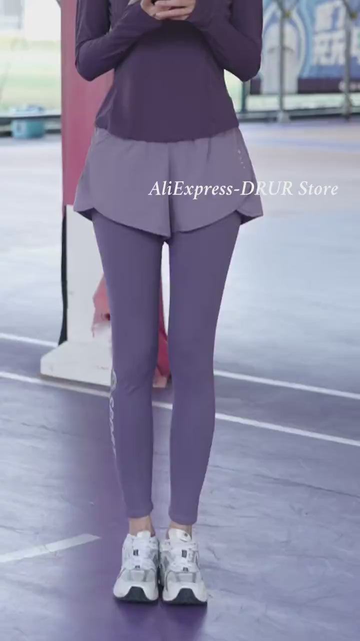 Female Two-Layered Sport Leggings with Pocket - SF3798, sleek purple yoga pants with skirt layer, perfect for training sessions.