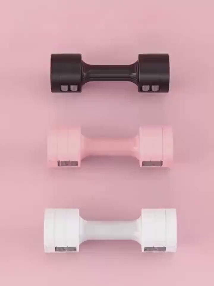 Three adjustable dumbbells in black, pink, and white on a pink background, perfect for home and gym workouts.