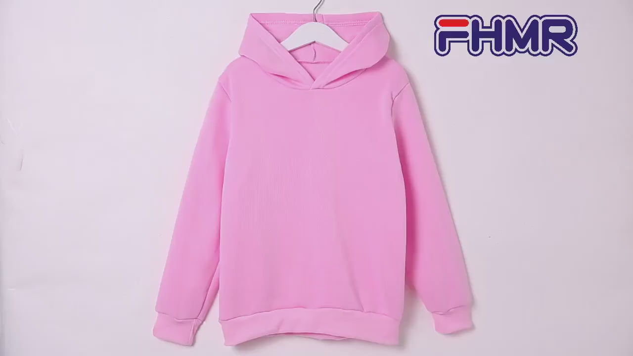 Pink kids casual pullover hoodie for everyday wear, displayed on hanger - perfect for comfort and style. Model SF3092, by FHMR.