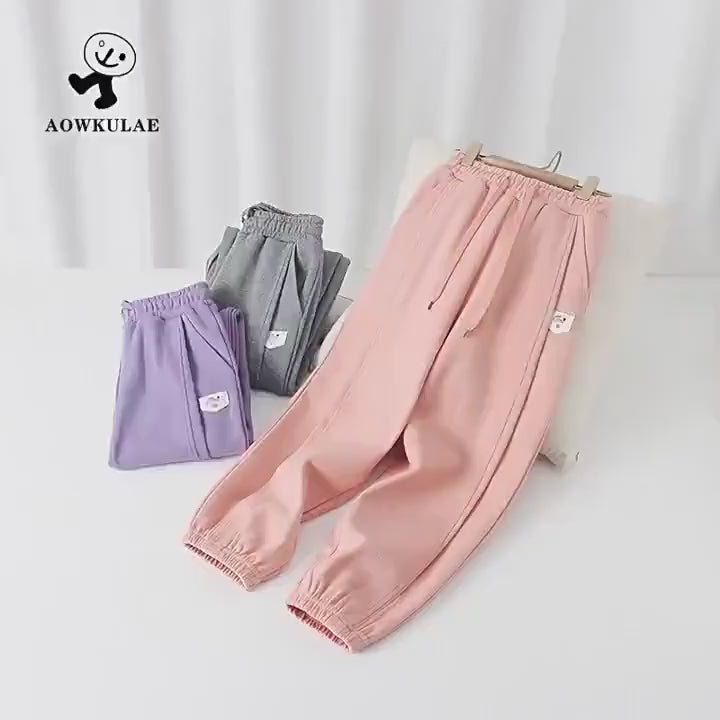 Girls High-Waist Cotton Jogger Pants with Pockets - SF3658 in pink, purple, and gray on display.