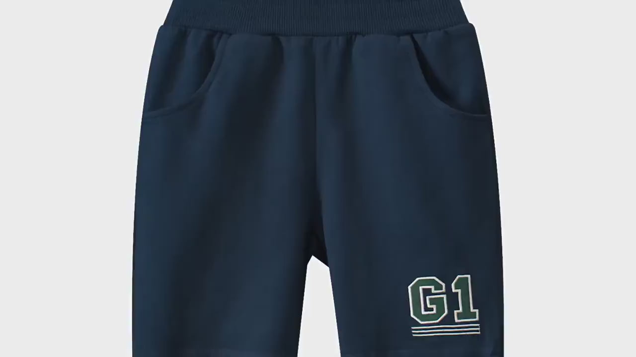 Kids G1 Graphic Knit Shorts with Elastic Waistband - SF3785, navy shorts with G1 print, side pockets, sporty design for boys.