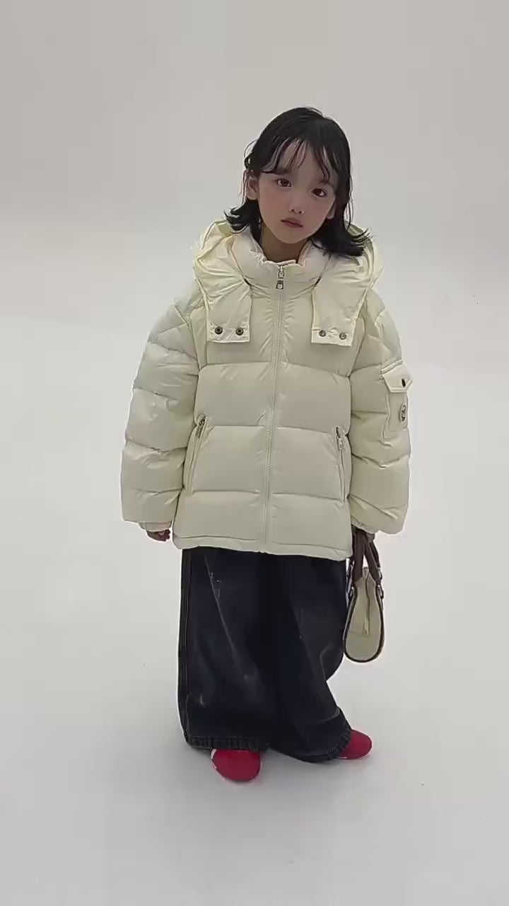 Child wearing Kids Duck Down Jacket with Hood and Zipper - SF3515, warm and stylish puffer coat for winter adventures.