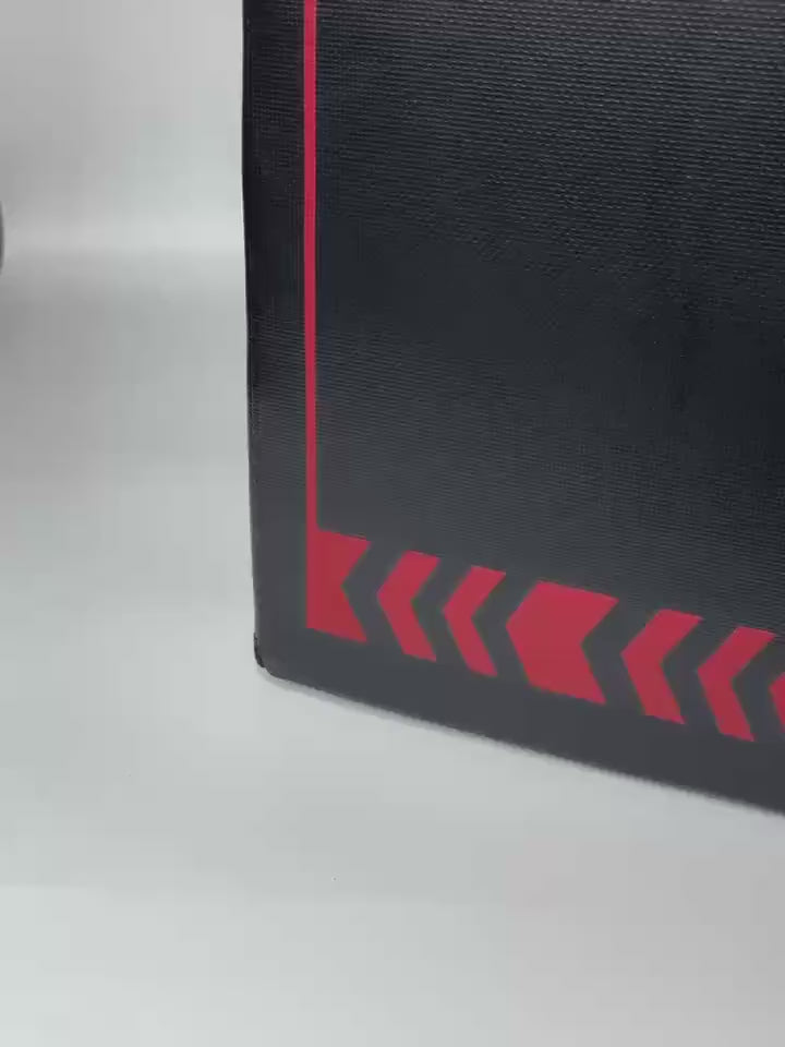 Close-up of durable PVC leather soft foam plyo box corner with red design, ideal for jump and strength workouts.