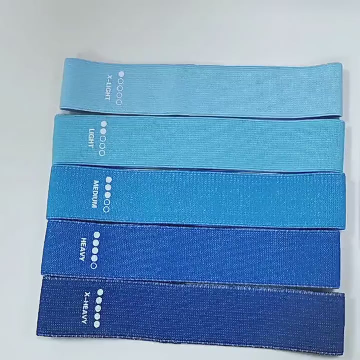 Set of five blue resistance bands with varying strength levels for fitness and yoga exercises.