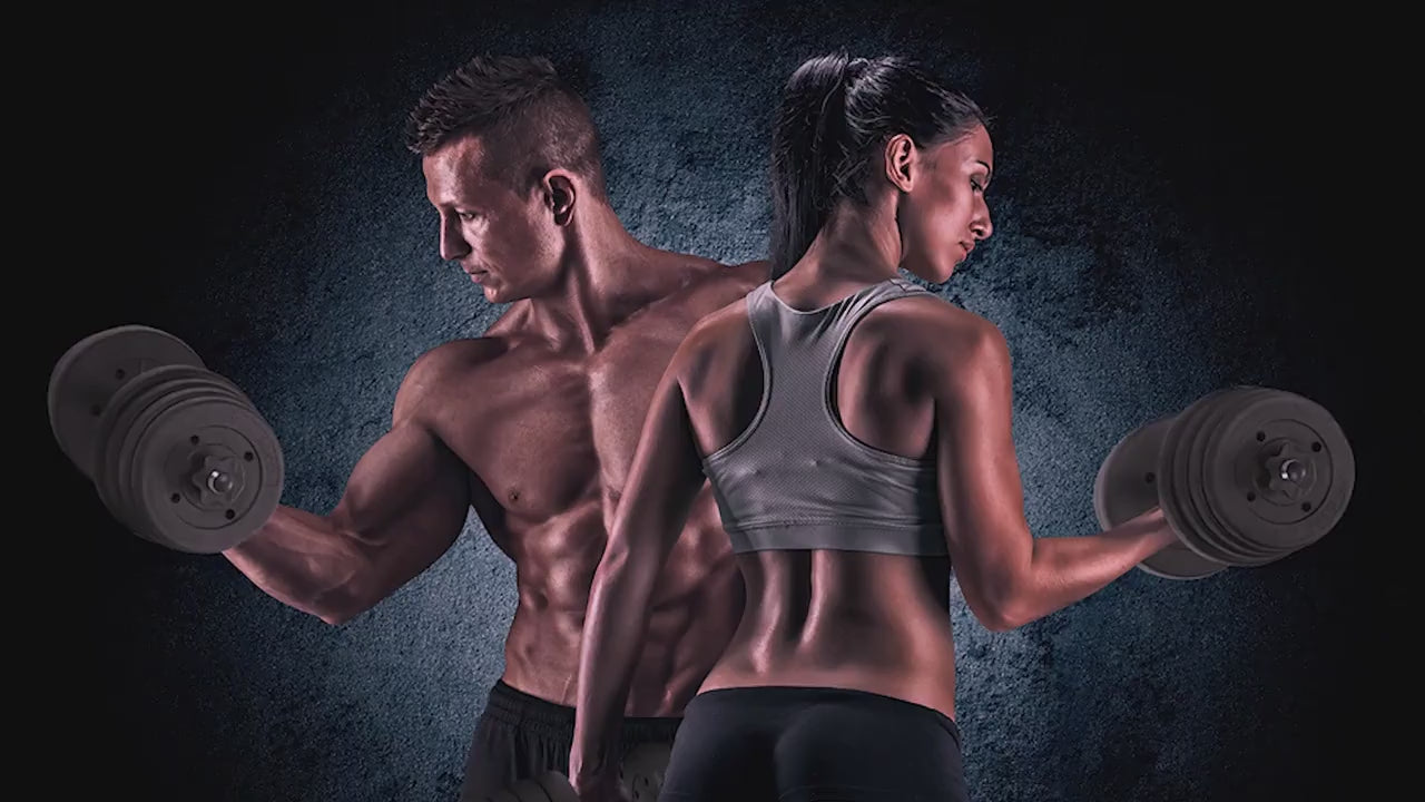 Two fit individuals using adjustable dumbbells for a strength training workout in a dimly lit gym setting.