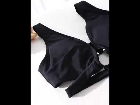 Hollow Out Deep-V One-Piece Beach Swimwear - SF4759 black bikini top with hollow design and ring detail.