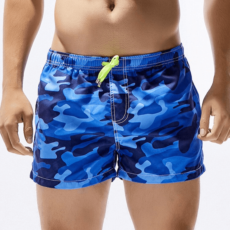 Men's blue camouflage short boardshorts with drawstring, perfect beachwear for style and comfort in summer. SF1473