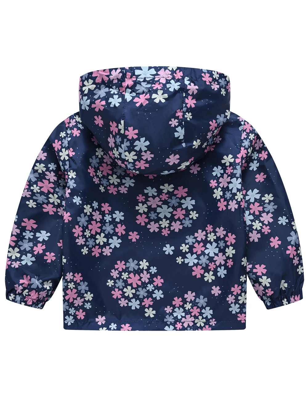 Back view of Printed Hooded Jacket with Colorful Designs - SF3643, kids windbreaker with floral patterns, elastic cuffs, and hood