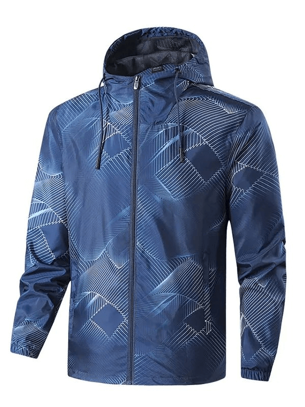 Printed lightweight men's windbreaker jacket with hood, blue geometric design, quick-drying and breathable for outdoor activities.