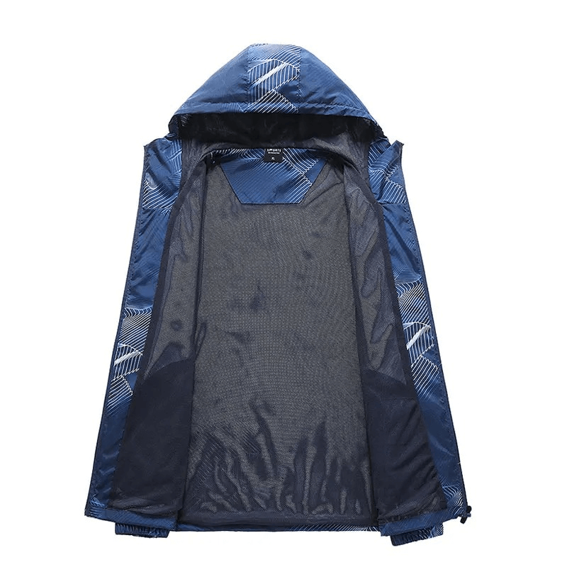 Open blue printed lightweight men's windbreaker jacket with hood, perfect for outdoor activities; breathable quick-dry design.