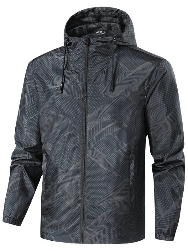 Printed lightweight men's windbreaker jacket with hood, SF1946. Ideal for outdoor activities, features quick-dry polyester fabric.