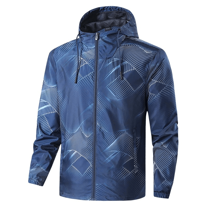 Stylish printed lightweight men's windbreaker jacket with hood, perfect for outdoor activities and sport, featuring breathable polyester.