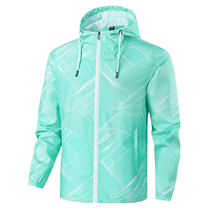 Mint green printed lightweight men's windbreaker jacket with hood SF1946, perfect for running and outdoor activities with breathable fabric.