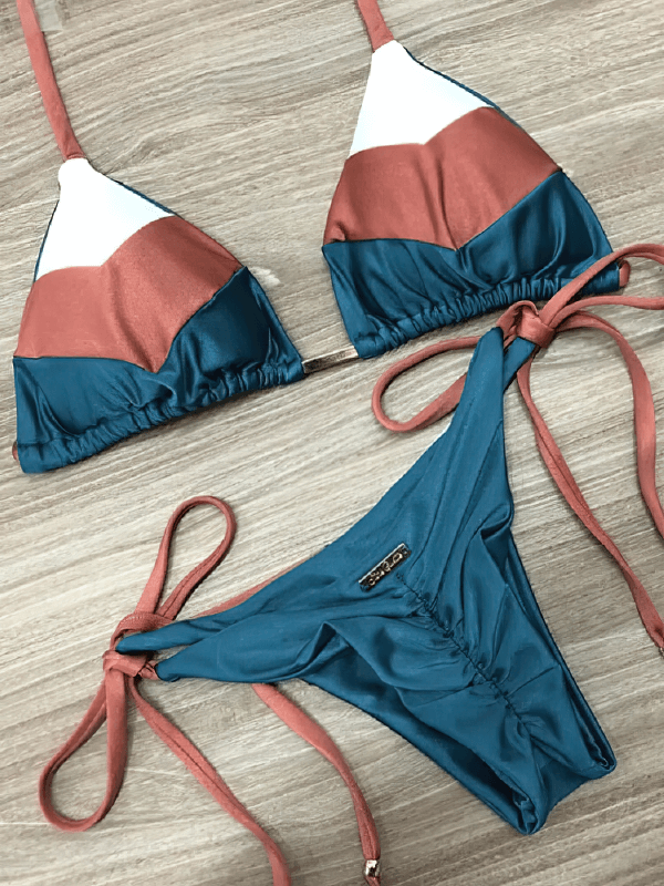 Printed Sexy Separate Women's Lace Up Swimsuit in blue and pink with patchwork design, perfect for summer beachwear.