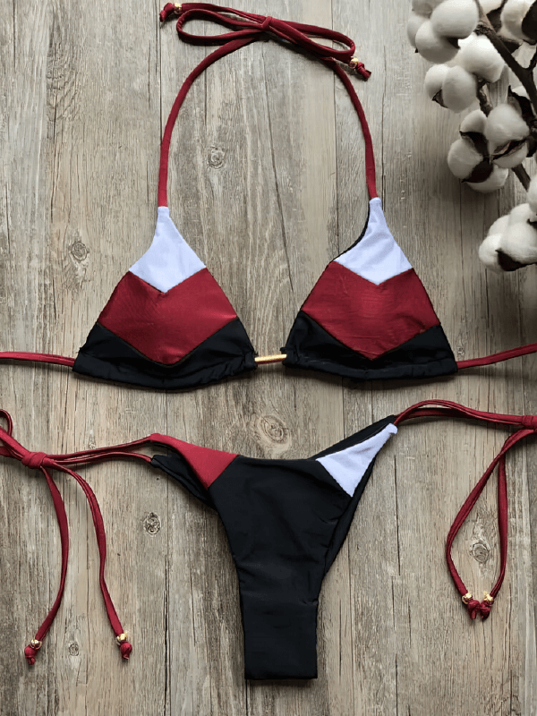 Printed sexy separate women's lace-up swimsuit in red and black with patchwork design, perfect for beach days and pool parties, SF1606.