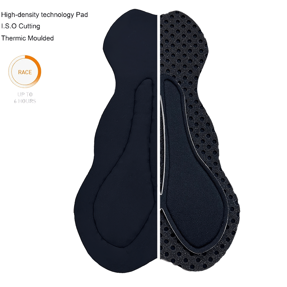 3D shockproof padding for Pro Cycling Bib Shorts, featuring high-density technology and thermic moulding for long-distance comfort.