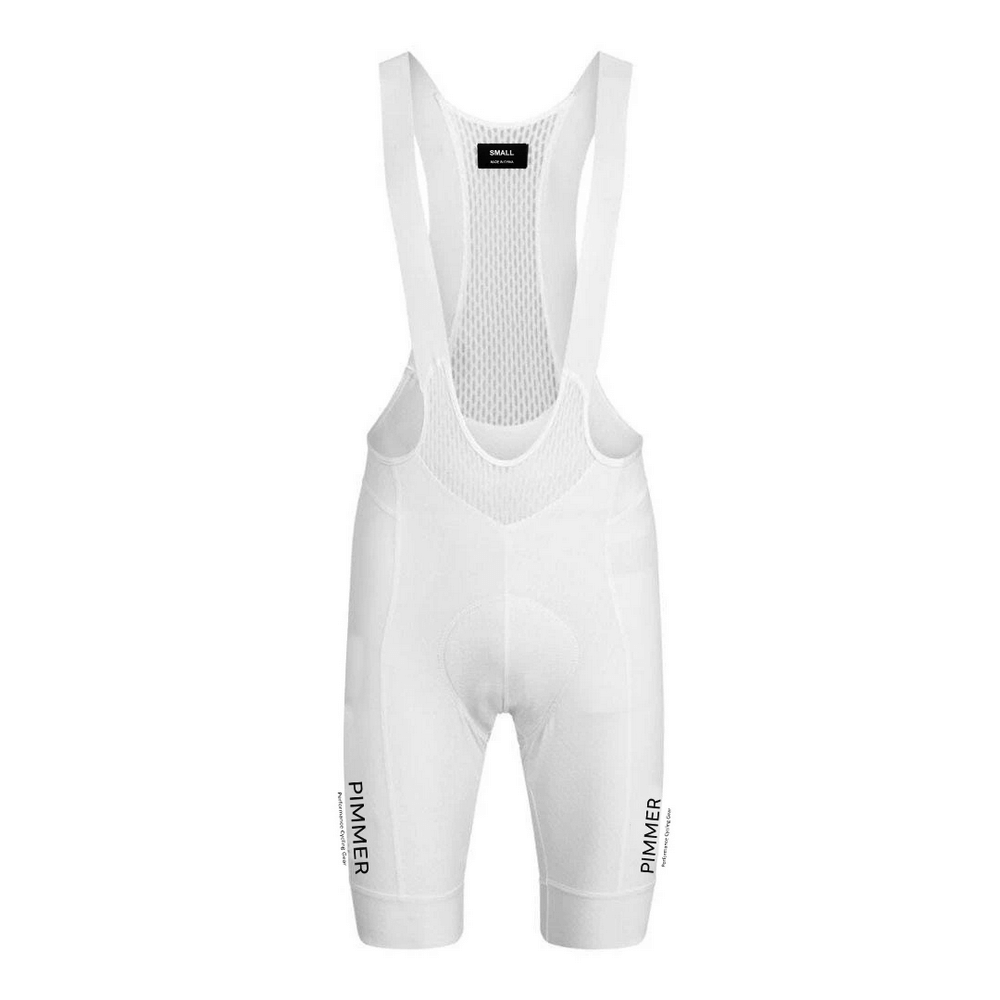 White men's pro cycling bib shorts with 3D shockproof padding for long-distance rides, featuring breathable mesh and non-slip leg webbing.