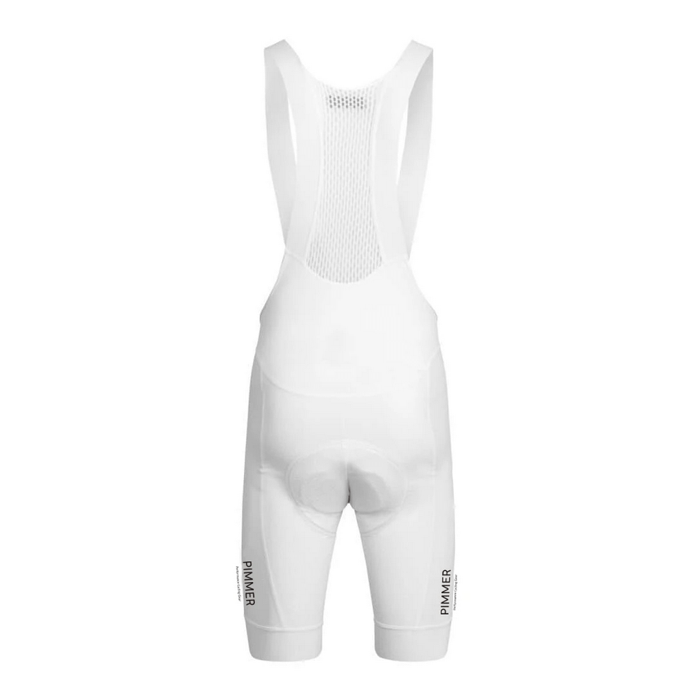 Men's white pro cycling bib shorts with 3D shockproof padding and breathable mesh back.