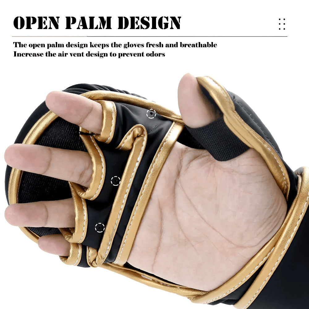 Close-up of open-palm MMA training glove with quad-dome padding and reinforced wrist support for breathability and stability.