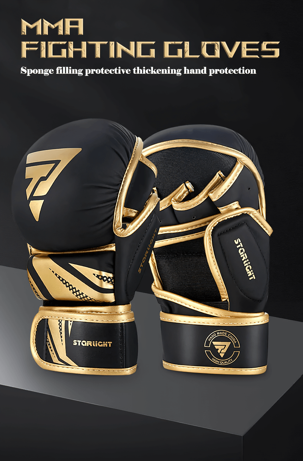 Black and gold MMA training gloves with open-palm design and wrist support, perfect for boxing and kickboxing.
