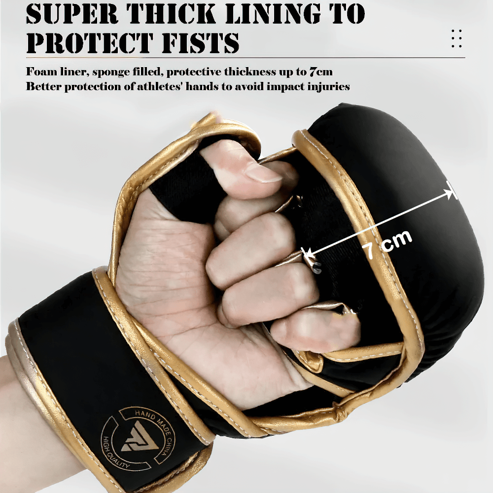 Pro MMA training glove in black and gold, featuring 7cm thick padding for superior fist protection in boxing and kickboxing.