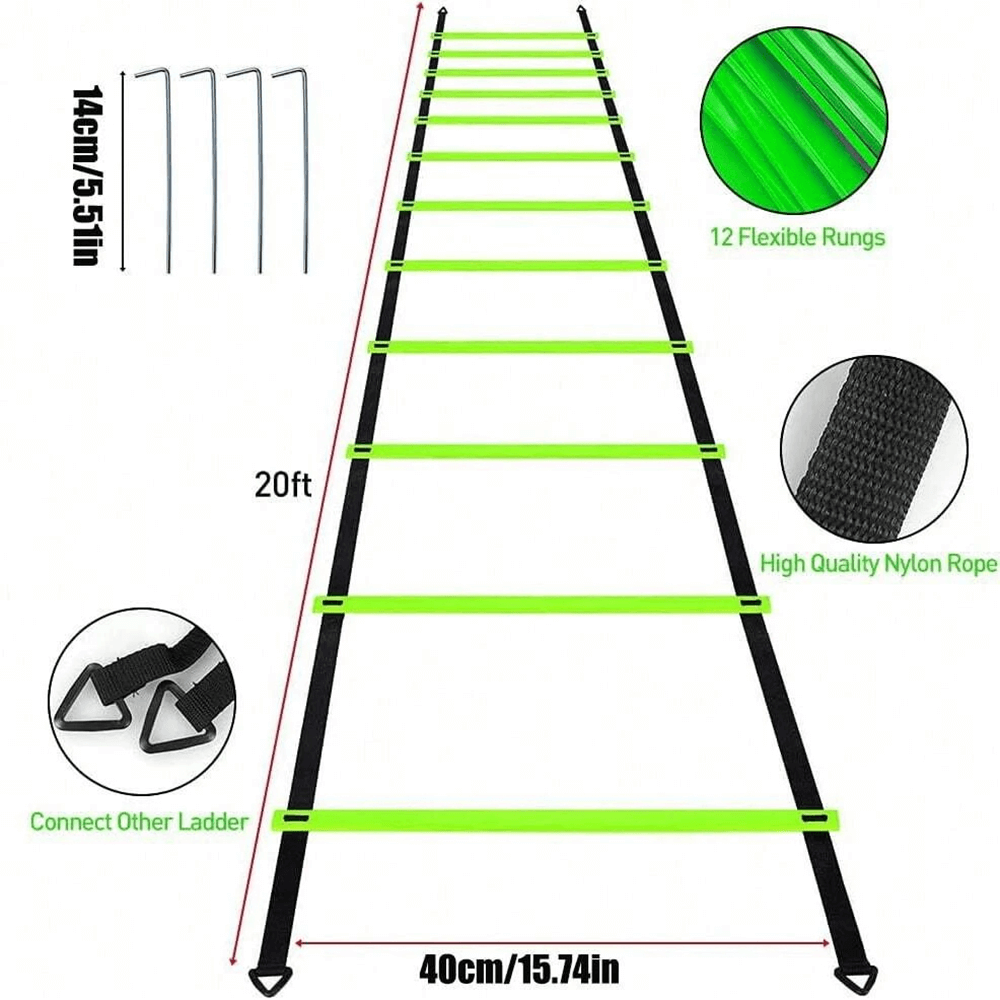 Green speed ladder with 12 flexible rungs for agility training, featuring nylon rope and connectors. Perfect for improving speed.