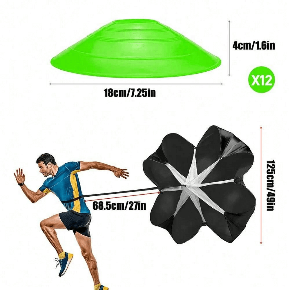Speed and Agility Training Set with cone and resistance parachute dimensions for sports fitness drills.