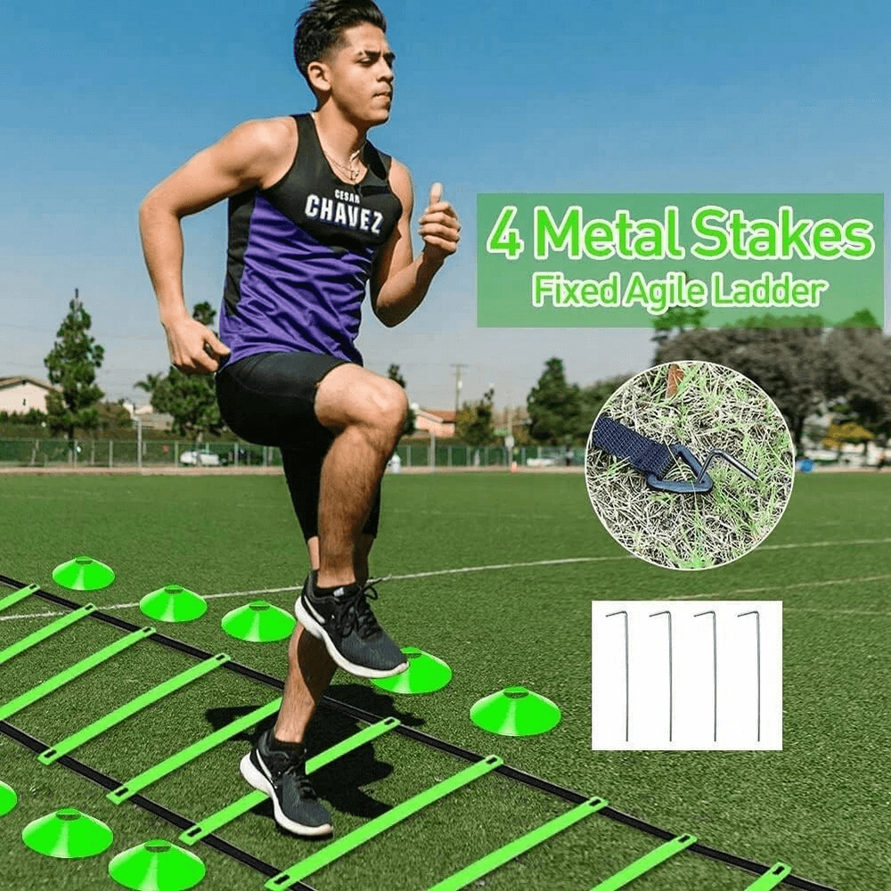 Athlete using speed ladder from Pro Agility Training Set with cones and stakes on grass field, perfect for boosting speed and coordination.